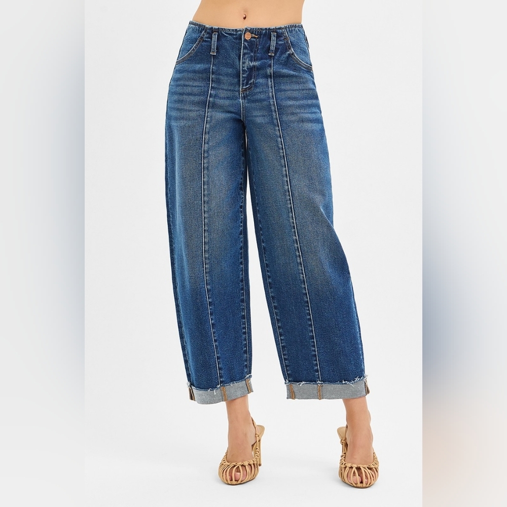 Risen HR Dark Wash Barrel Jeans Front Pintuck Seam Cuffed Raw Hem Various NEW - Picture 3 of 6